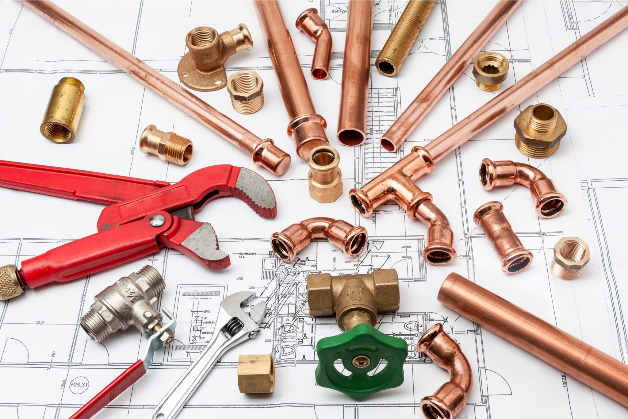 Copper pipes, fittings, valves, and plumbing tools in Rancho Cucamonga