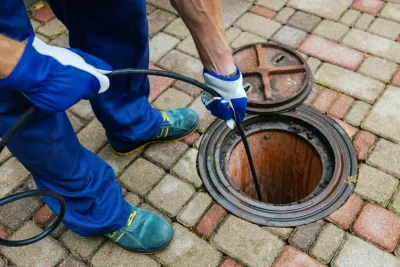 Plumber cleaning an outdoor sewer drain in Rancho Cucamonga