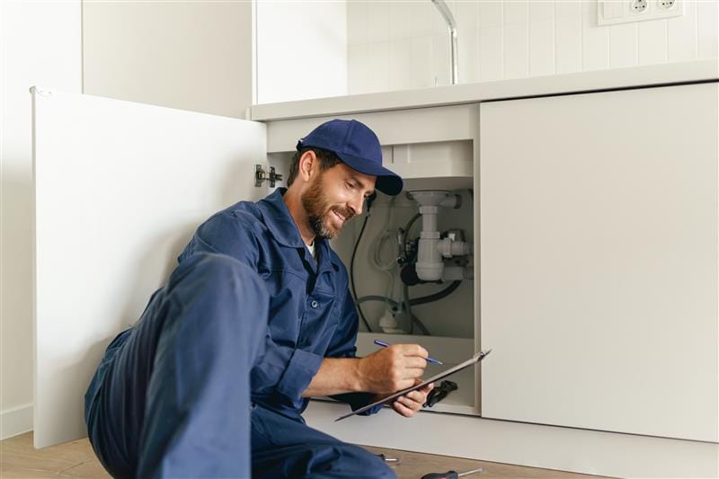 Residential plumber reviewing plumbing repairs in a Rancho Cucamonga kitchen