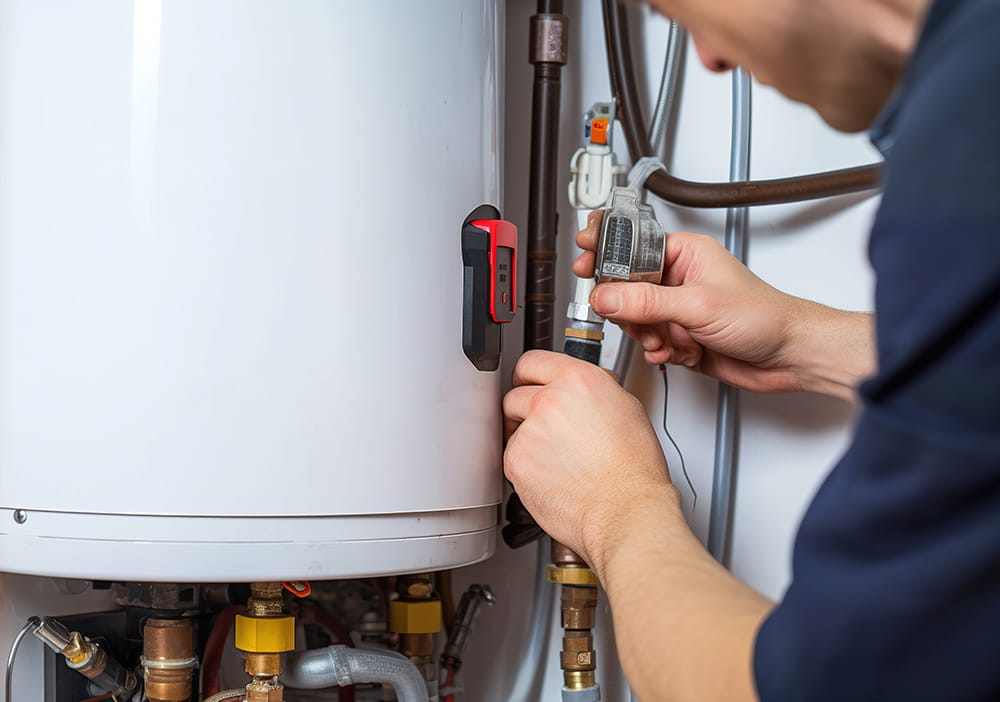Technician repairing pipes connected to a water heater in Rancho Cucamonga